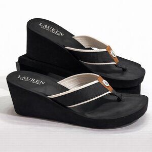 Lauren Ralph Lauren Black Wedge Flip Flop Sandals Logo Thong Size 8